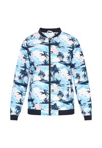 Jachetă bomber cu imprimeu hawaiian, prezentând o paletă de culori albastru, alb și roz, cu fermoar frontal, margini negre și modele cu palmieri.