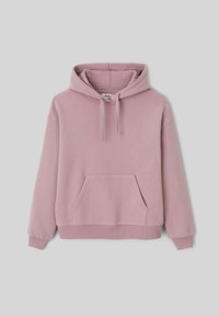 Sweatshirt rose à capuche en tissu doux avec une poche kangourou, des poignets et un ourlet côtelés. Présente des cordons de serrage sur la capuche. Design décontracté.