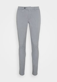 Gray cotton blended trousers with a slim fit, featuring a front button closure, side pockets, and smooth texture.