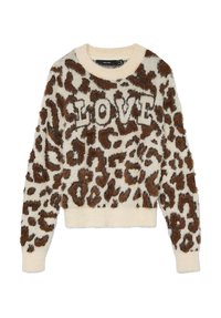 Maglione crema morbido con stampa leopardata marrone e ricamo LOVE in nero. Collo rotondo e polsini e orlo a coste.