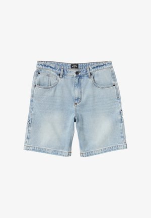 Denim shorts in light blue with a faded finish, five pockets, and a straight cut. Features stitching accents and a button closure.