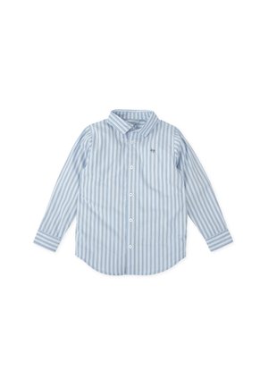 Camisa de manga larga a rayas azul claro con cuello abotonado y un pequeño logo bordado. Tejido de algodón con una textura suave.