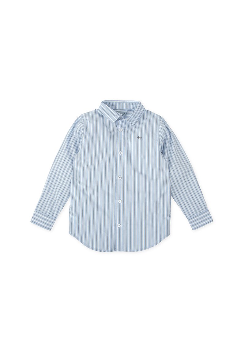 Camisa de manga larga a rayas azul claro con cuello abotonado y un pequeño logo bordado. Tejido de algodón con una textura suave.