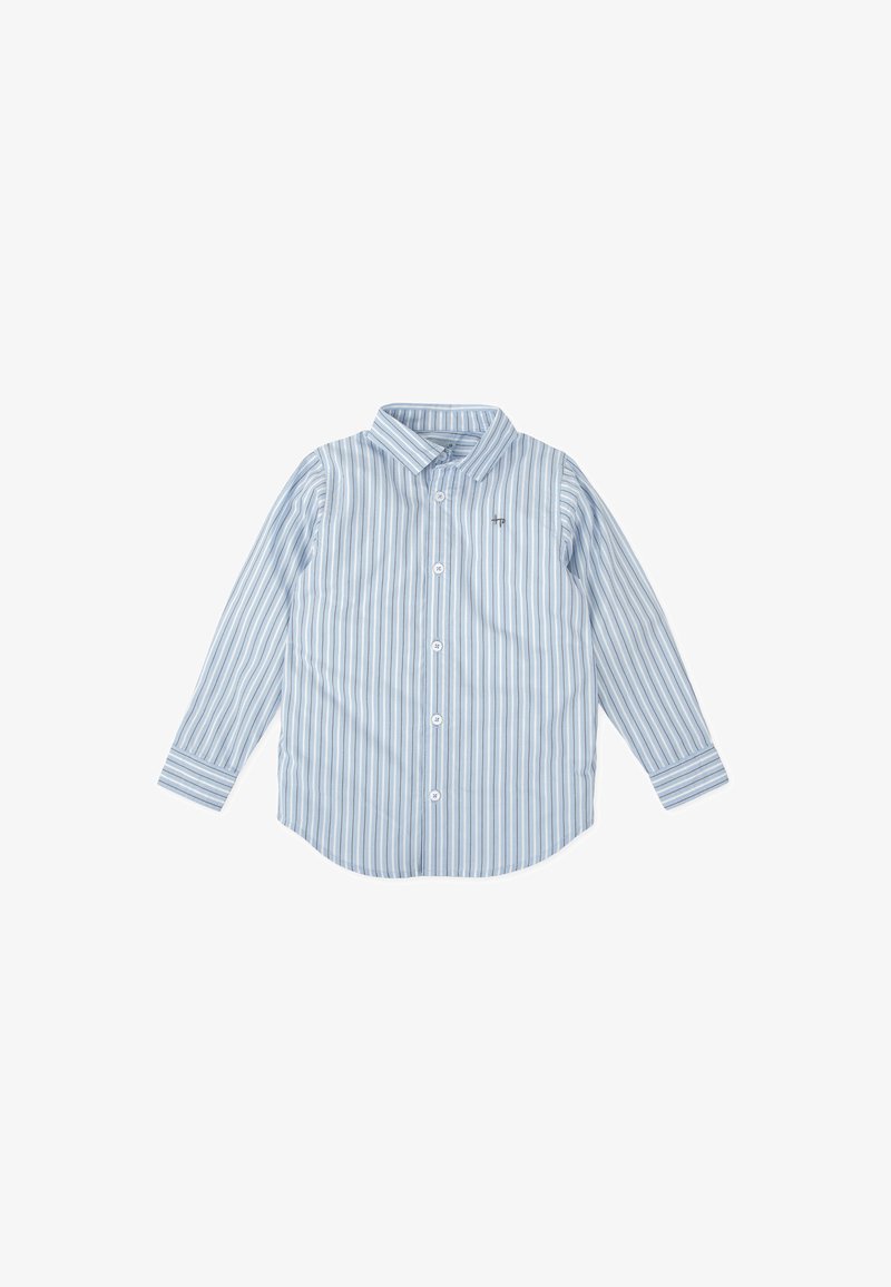 Camisa de manga larga a rayas azul claro con cuello abotonado y un pequeño logo bordado. Tejido de algodón con una textura suave.