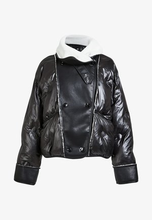 Black puffer jacket with a glossy finish, featuring a white fleece-lined collar, double-breasted design, and two front pockets.