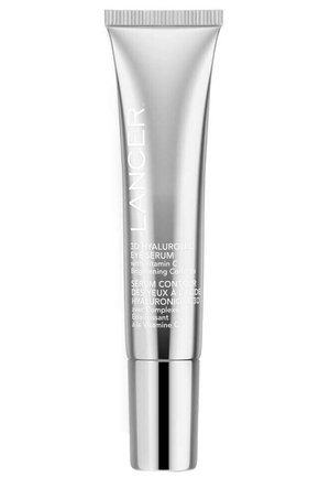 Silberne Tube des 3D Hyaluronsäure-Aug serums mit weißem Text, ausgestattet mit einem Drehverschluss und einer glatten, metallischen Oberfläche. Enthält Vitamin C.