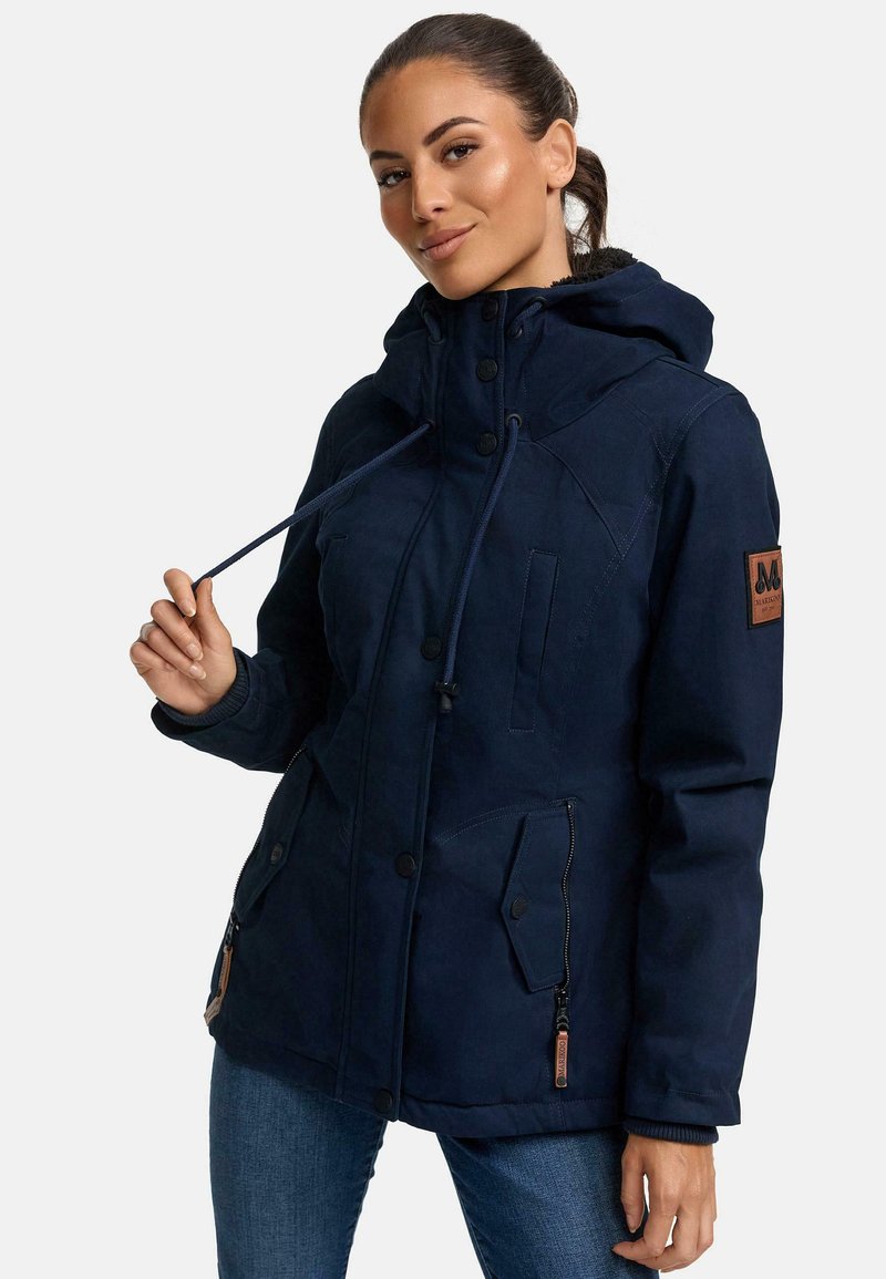 Navy blue hooded jacket featuring a zippered side pocket, button closures, and a textured fabric, with a leather logo patch on the sleeve.