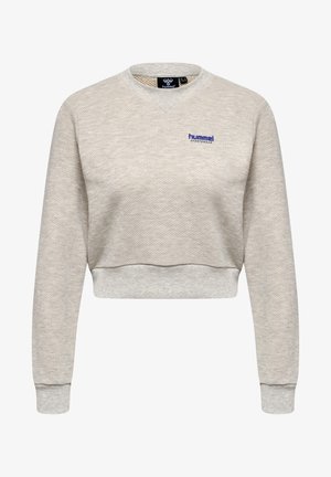 Lysegrå cropped sweatshirt lavet af tekstureret stof. Har ribbede ærmegab og en V-hals. Lille broderet "hummel" logo på brystet.