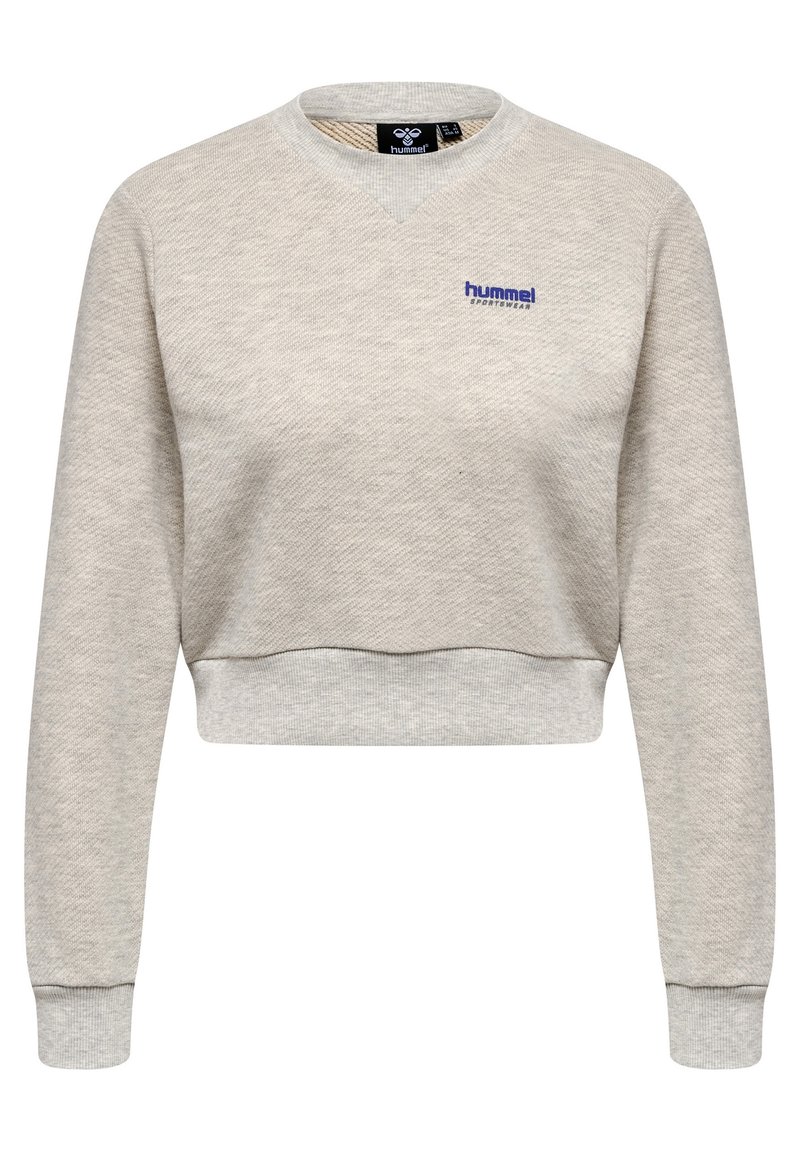 Sweatshirt gris clair court en tissu texturé. Comprend des poignets côtelés et un col en V. Petit logo "hummel" brodé sur la poitrine.