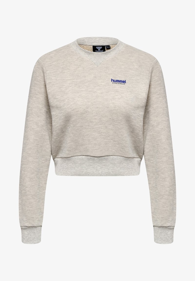 Sweatshirt gris clair court en tissu texturé. Comprend des poignets côtelés et un col en V. Petit logo "hummel" brodé sur la poitrine.