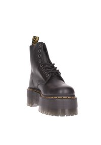 Bottes noires en cuir à la cheville avec une plateforme haute, un laçage, des œillets en métal et des coutures jaunes. Présentent une languette au niveau du talon.