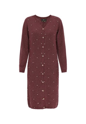 Cárdigan de punto burdeos con mangas largas, escote en V, cierre de botones y asegurado con botones metálicos; decorado con cuentas plateadas dispersas.