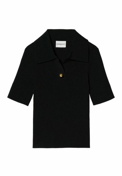 Polo shirt nero a coste con maniche corte, colletto pieghevole e un singolo dettaglio con bottone dorato sul davanti. Etichette sul collo.