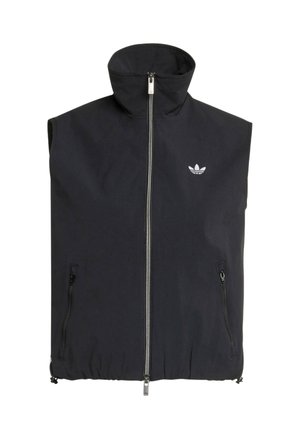 Veste sans manches noire à fermeture éclair avec col montant, deux poches zippées à l'avant et petit logo Adidas blanc sur la poitrine gauche.