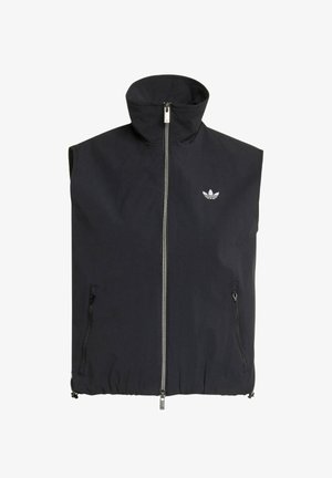 Veste sans manches noire à fermeture éclair avec col montant, deux poches zippées à l'avant et petit logo Adidas blanc sur la poitrine gauche.
