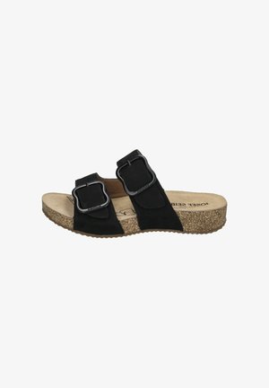 Black suede slide sandals with two adjustable straps, square black buckles, and a cork sole, featuring a textured bottom for grip.