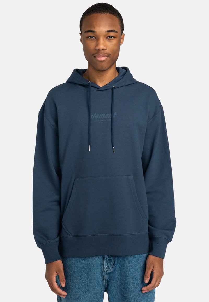 Navy blue hooded sweatshirt in cotton blend, featuring a kangaroo pocket, ribbed cuffs, and subtle logo on the chest. Relaxed fit design.