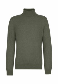 Olivgrüner Rollkragenpullover aus weichem Strickstoff, mit langen Ärmeln, einem enganliegenden Kragen und einer glatten, gleichmäßigen Textur.