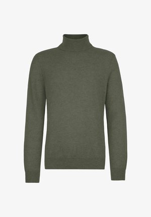 Olivgrüner Rollkragenpullover aus weichem Strickstoff, mit langen Ärmeln, einem enganliegenden Kragen und einer glatten, gleichmäßigen Textur.