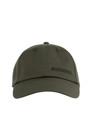 Oliwkowa czapka z daszkiem, z wygiętym daszkiem, z haftowanym czarnym logo "ROSSIGNOL" na środku przodu.