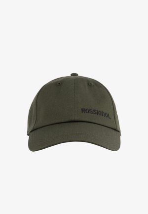 Oliwkowa czapka z daszkiem, z wygiętym daszkiem, z haftowanym czarnym logo "ROSSIGNOL" na środku przodu.