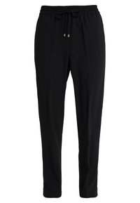 Pantalon noir avec une taille élastique et un cordon de serrage ajustable. Tissu lisse avec des jambes fuselées et peu de détails.
