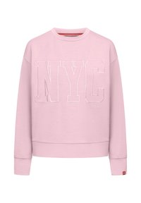 Lichtroze crewneck sweatshirt met grote witte "NYC" letters op de voorkant, geribbelde manchetten en een klein embleem op de mouw.