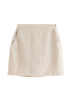 Beige bomuldsmininederdel med lige snit og sidelommer, vist fladt på hvid baggrund.