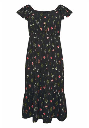 Abito midi nero con maniche scoperte, vita elastica, orlo arricciato e un motivo floreale piccolo multicolore su tutta la superficie.