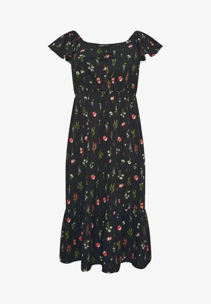 Robe midi noire avec manches épaules dénudées, taille élastique, ourlet volanté, et un petit motif floral multicolore sur l'ensemble.