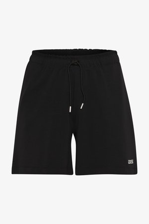Schwarze Baumwollshorts mit elastischem Bund und verstellbarem Kordelzug. Mit silberfarbigen Ösen und Logo auf dem linken Bein.