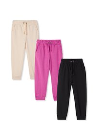 Tre paia di pantaloni jogger in pile di colore beige, rosa e nero, con vita elastica, cordini e tasche laterali su uno sfondo bianco.