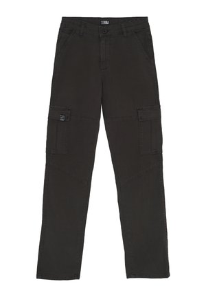 Pantalons cargo noirs en tissu à texture lisse, dotés de plusieurs poches et d'un design à jambes droites. Pas de motifs ni d'accent visibles.