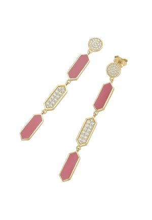 Goldene Tropfenohrringe mit abwechselnd rosa Emaille und mit Kristallen besetzten geometrischen Formen, mit runden Kristallnieten oben.
