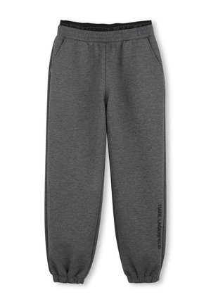 Donkergrijze sweatpants met elastische tailleband en boorden, zijzakken en "KARL LAGERFELD" tekst verticaal gedrukt dichtbij de linkerenkel.