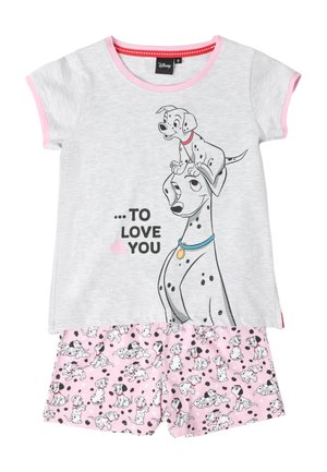 Conjunto de pijama de dos piezas para niños con camiseta gris que presenta dos dálmatas y el texto "Para amarte", combinado con pantalones cortos rosas cubiertos con patrones de cachorros dálmatas.