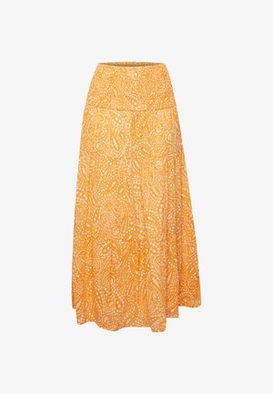 Pikk, voolav seelik erkkollases toonis, millel on valge paisley muster. Elastne vöökoht, kerge kangas ja pahkluuni ulatuv disain.