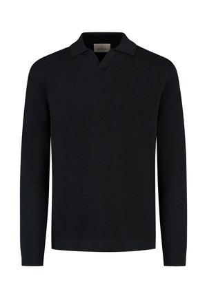 Gebreide zwarte trui met V-hals en korte kraag, voorzien van een gestructureerde weving en effen kleur. Het ontwerp wordt afgerond met lange mouwen.