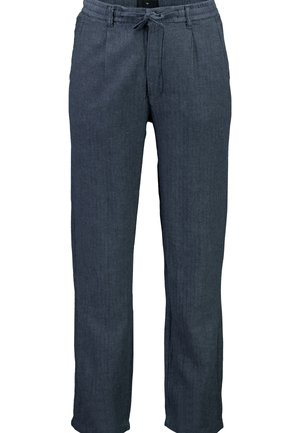 Mørkeblå, tapered bukser med elastisk talje og snoretræk. Lavet af et struktureret stof, med lommer på siden.