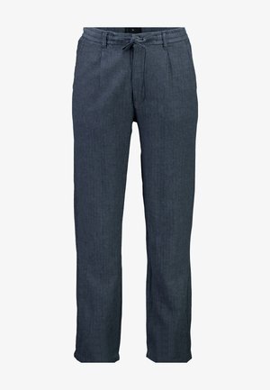 Mørkeblå, tapered bukser med elastisk talje og snoretræk. Lavet af et struktureret stof, med lommer på siden.