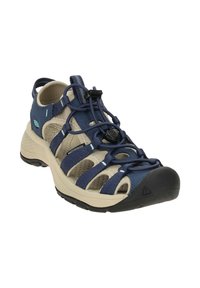 Navy blue waterproof sandal with beige accents, open design, rubber sole, lacing system, and textured footbed for grip and comfort.
