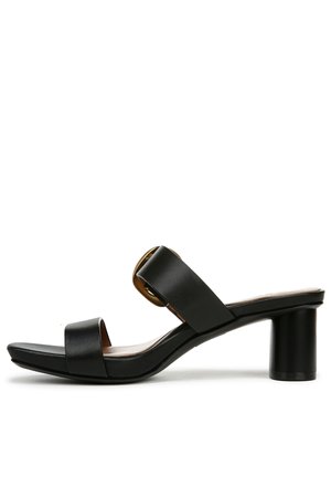 Zwarte leren sandalen met hak, met twee brede banden, een rechthoekige hak en een gladde textuur met een subtiele glans.
