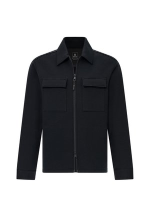 Giacca nera con zip, colletto, due tasche a scatto frontali e maniche lunghe. Realizzata in un tessuto liscio e testurizzato.