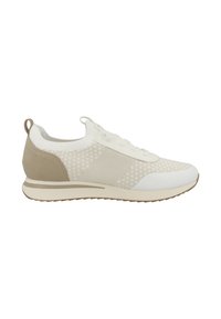 Scarpa atletica bianca e beige con tomaia in rete, pannelli testurizzati, punta tonda, chiusura con lacci e suola in gomma a contrasto.