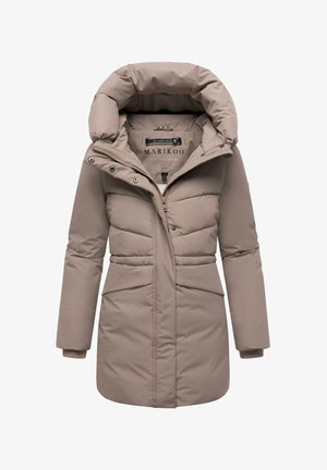 Bežan puffer jakna s visokim ovratnikom, zatvaranjem na zip i dvostrukim prednjim džepovima. Sadrži kvadratni uzorak i glatku teksturu tkanine.