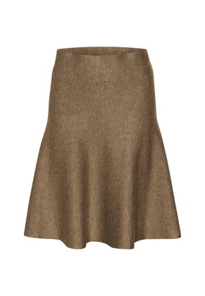 Jupe en laine marron en ligne A avec une taille ajustée et un ourlet évasé, présentée sur un fond blanc.