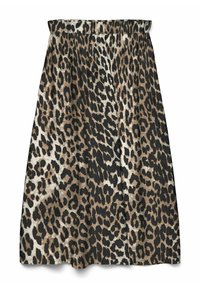 Falda de estampado de leopardo con cinturilla elástica, que presenta una combinación de manchas negras, marrones y crema sobre un fondo claro.