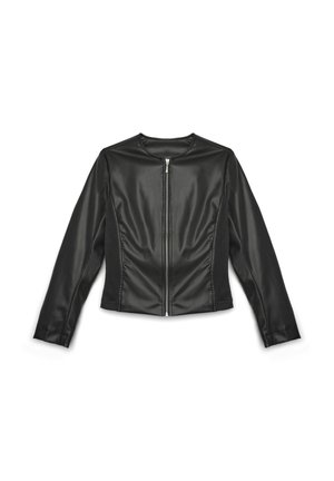 Giacca in ecopelle nera con chiusura frontale a zip, scollo rotondo e design aderente. Presenta una trama liscia e maniche lunghe.