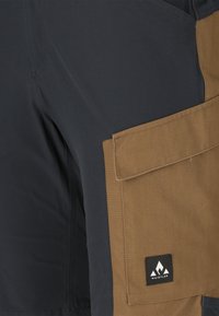 Nærbillede af sorte og brune cargoshorts med en klaplomme, der har et logo-mærke fra Whistler.