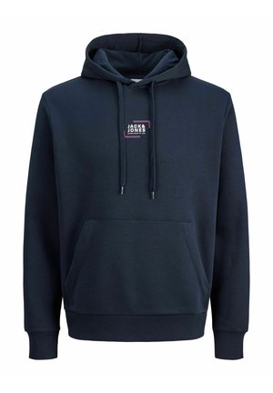 Laivastonsininen huppari, joka on tehty puuvillasekoitteesta. Siinä on etutasku, joustavat resorit hihoissa sekä neliönmuotoinen logopatch rinnassa.